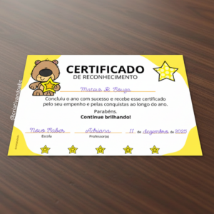 Recordação Escolar – Certificado de Reconhecimento para Alunos