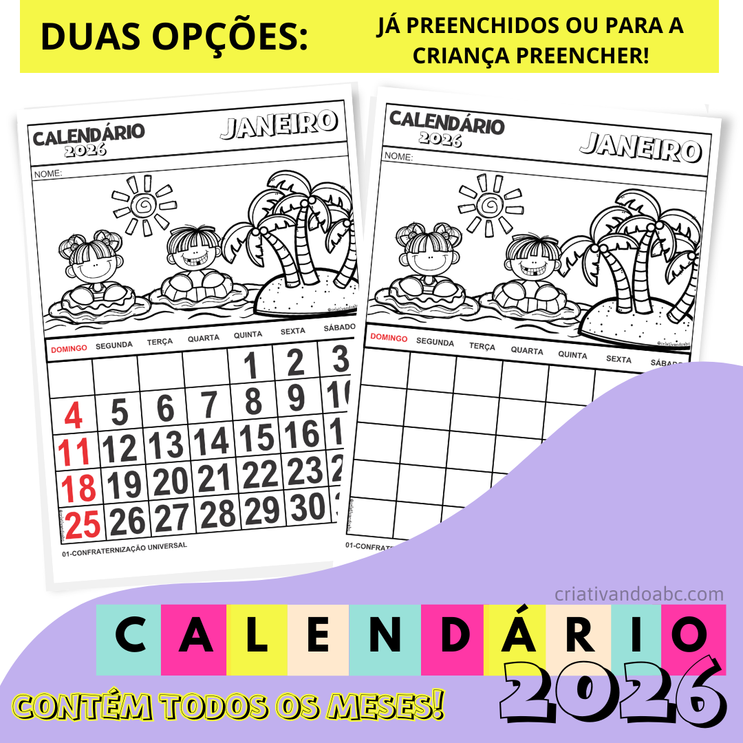 Calendário 2026 Para o Caderno